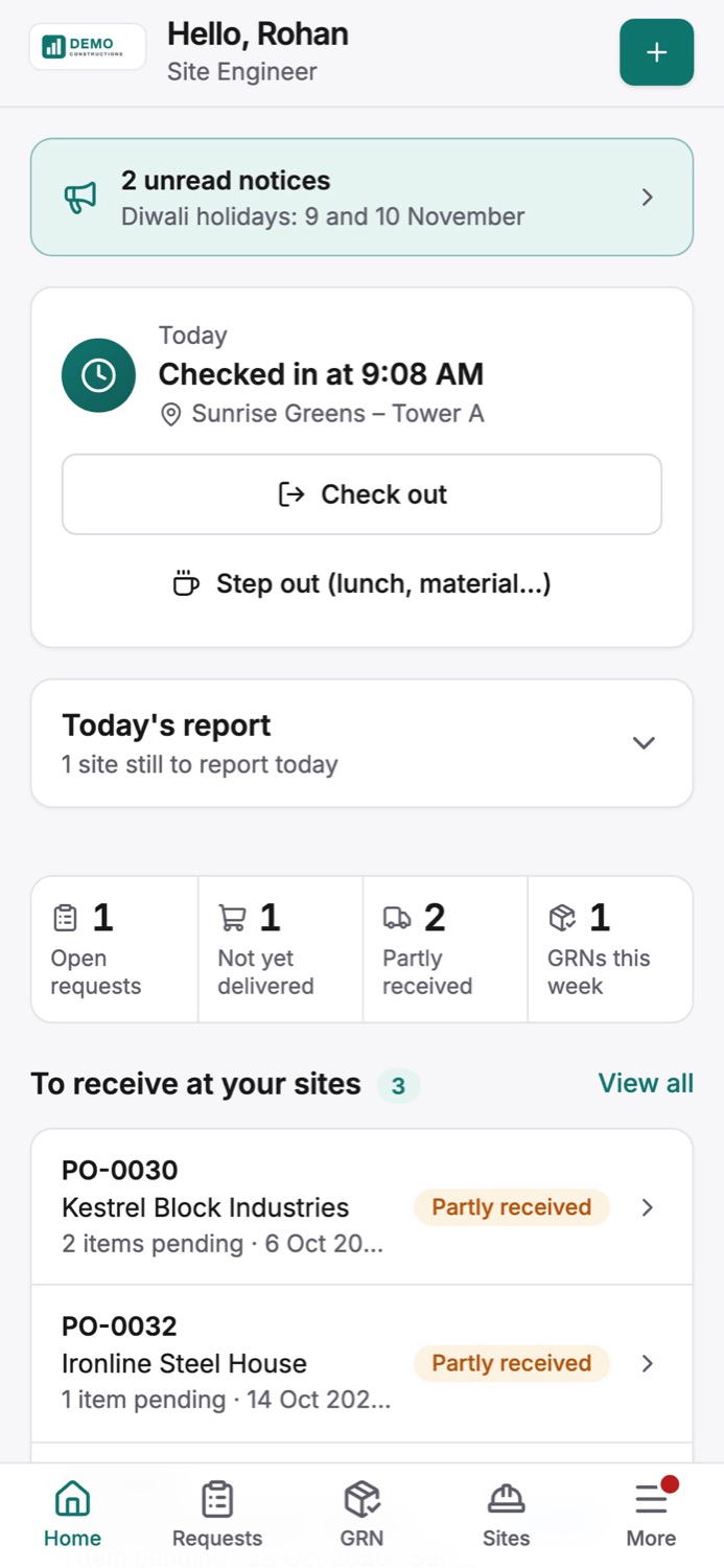 A site engineer's phone, checked in on site