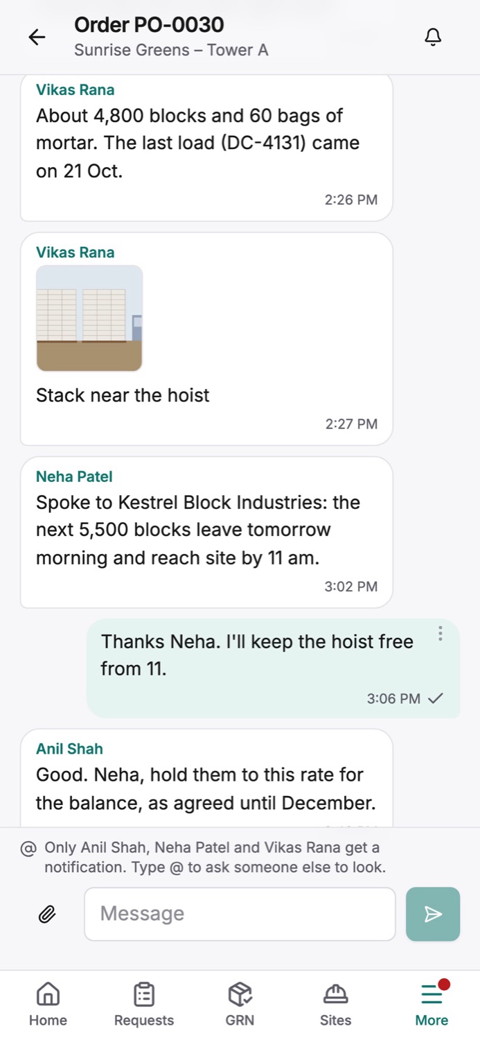 A chat on a purchase order with a photo from site